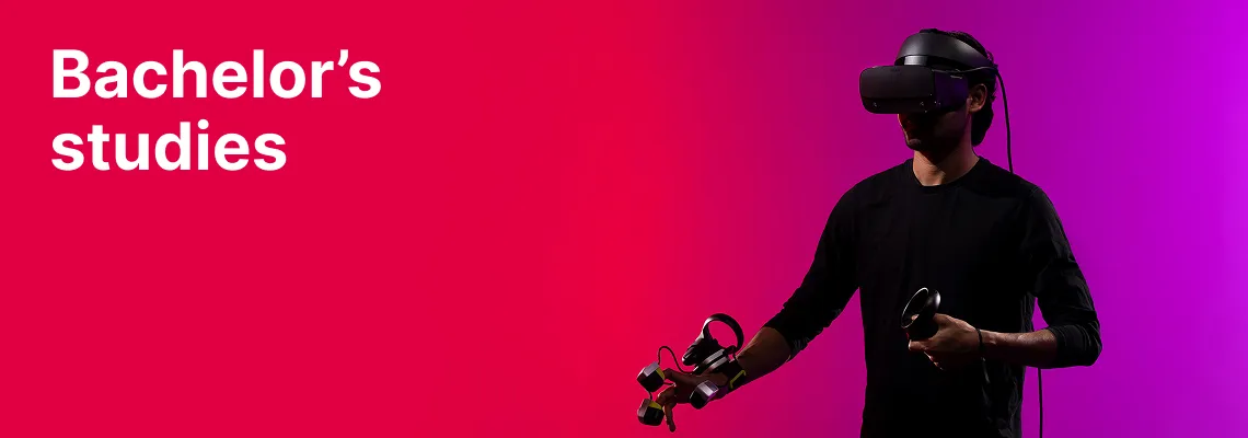 A KTU Faculty of Informatics student using virtual reality equipment against a red and pink decorative background. The faculty offers bachelor's studies. Choose KTU bachelor's studies.