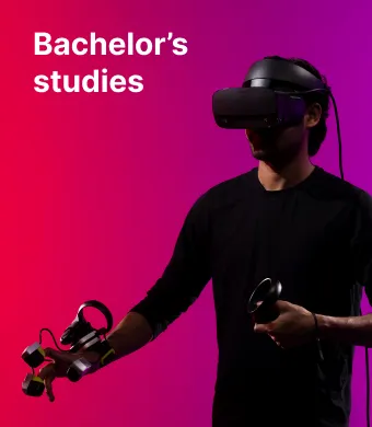 KTU Faculty of Informatics student using virtual reality equipment against a red and pink decorative background. The faculty offers bachelor's studies. Choose KTU bachelor's studies.