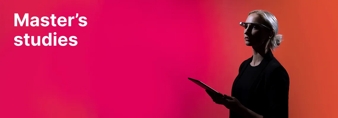 A KTU Faculty of Informatics student using a tablet and smart glasses against a red and pink decorative background. The faculty offers master’s studies. Choose KTU master’s studies.