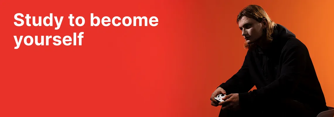 A student of the KTU Faculty of Informatics plays with a game controller against a red decorative background. On the left, the slogan “Study for yourself” invites to choose studies at KTU Faculty of Informatics.