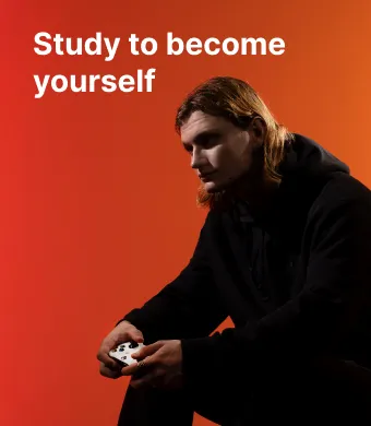A student of the KTU Faculty of Informatics plays with a game controller against a red decorative background. On the left, the slogan “Study for yourself” invites to choose studies at KTU Faculty of Informatics.